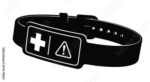 Silhouette of a medical ID alert wristband with emergency warning symbol.