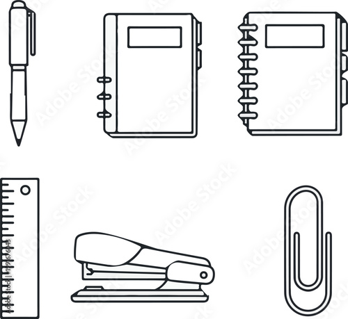 Various essential office and school supplies presented as a clean line art illustration, featuring a pen, notebooks, ruler, stapler, and paperclip.