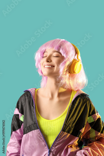 Stylish young woman in wig ...