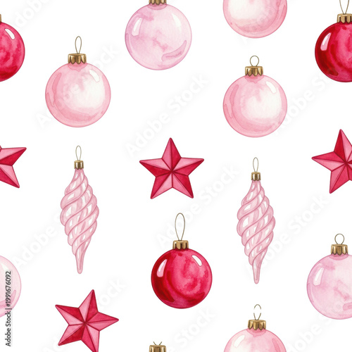 delicate watercolor illustration of holiday ornaments, including round baubles and stars, painted in soft pink, rose, and crimson red on a transparent background, festive handmade aesthetic