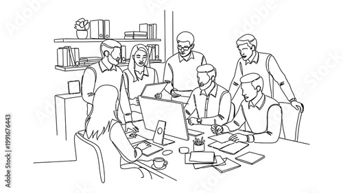 Group of professional colleagues collaborating in a modern office meeting.