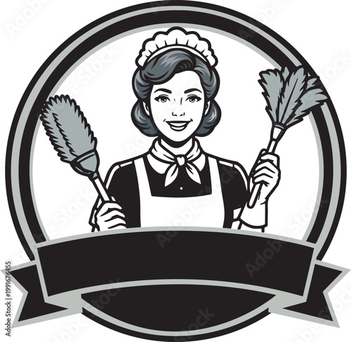 Vintage Illustration of a Smiling Maid with Feather Dusters
