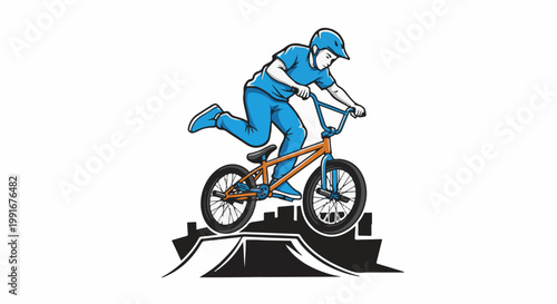 Cartoon of a cyclist performing a trick on a bike over ramps