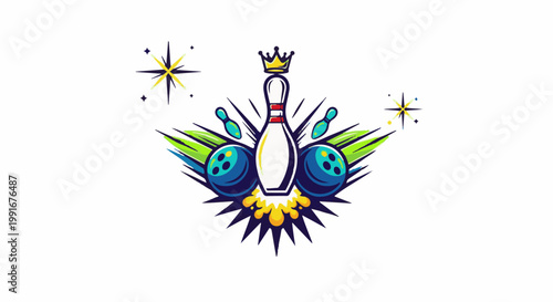 Bowling pin with crown, balls, and stars, dynamic green, blue, and yellow graphic