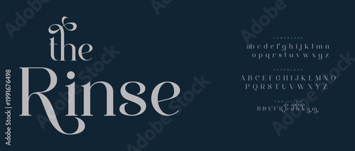 A stylish typography design with the word Rinse and an alphabet on a dark blue background