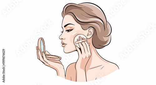 Artistic illustration of a woman applying makeup with a compact and puff
