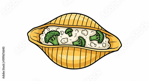 Cartoon of a stuffed pasta shell with broccoli and cauliflower