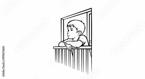 Boy leans on railing looking out window with contemplative expression