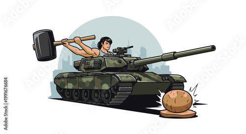 Cartoon of a person in a tank with a sledgehammer about to hit a potato