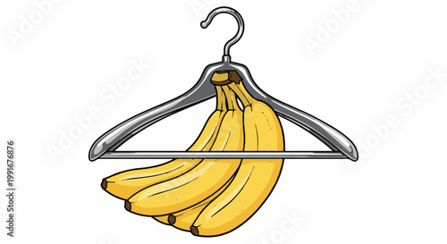 Bunch of yellow bananas hanging on a metal clothes hanger
