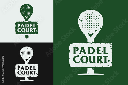 set of padel court signpost logo design, vintage retro classic wooden board texture with racket icon symbol, grunge athletic club branding identity, isolated on green and black background vector.