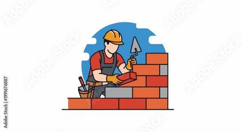 Bricklayer in protective gear building a wall with trowel and bricks