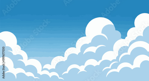 Bright blue sky filled with soft, puffy white cartoon clouds