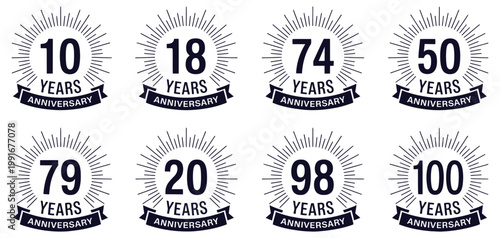 Anniversary, milestone vector logotype set, birthday ribbon badges with 10 to 100 year numbers, celebration labels, achievement and jubilee icons, flat vector