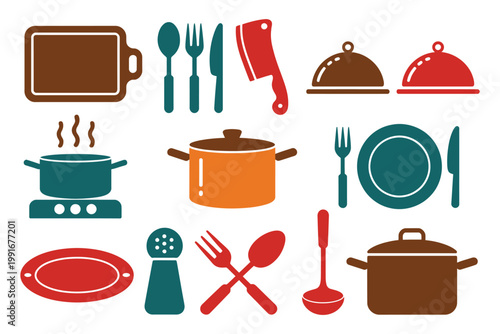 Colorful Kitchen Utensils and Cookware Collection, Bright Cooking Tools Set with Pots, Pans, Spoons, and Accessories, Modern Vector Illustration for Food Preparation, Culinary Design, and Print