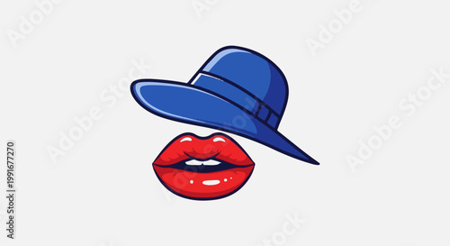 Bright red lips peek from beneath a stylish blue hat