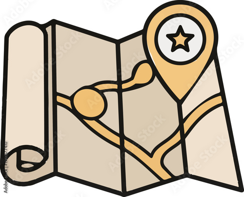 Detailed folding map icon features a star marked location pin highlighting a travel destination for navigation and trip planning purposes