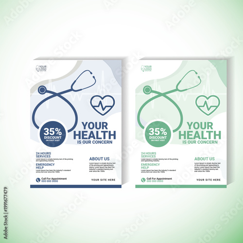Professional Medical Healthcare Flyer Template with Stethoscope and Heartbeat Icon