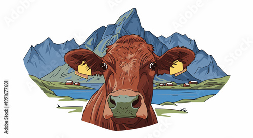 Brown cow with yellow tags in front of a mountainous landscape