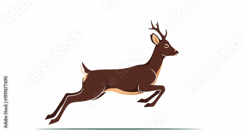 Brown deer with antlers leaps gracefully across white background