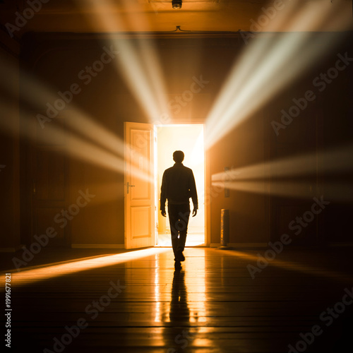 Person Walking Toward Light Door Hope Concept