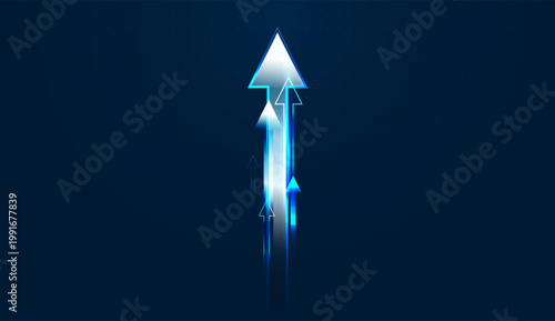 Shimmering Digital blue arrows surge upward in unison, illustrating a powerful drive for business success. and with glowing arrows act as a visual metaphor for sustained economic