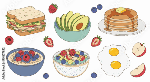 Assorted breakfast foods including oatmeal, pancakes, avocado, and eggs