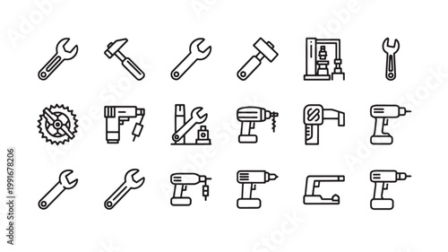 Collection of hand and power tools in black and white line art