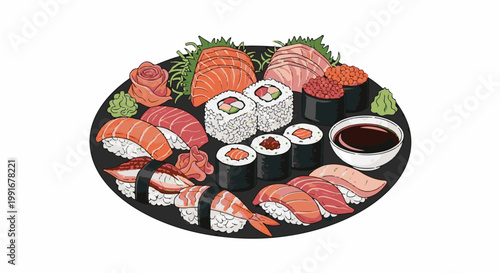 Assortment of sushi and sashimi beautifully arranged on a dark platter