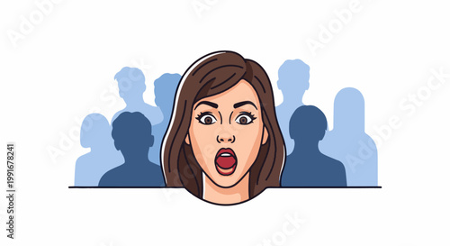 Astonished woman's face, surrounded by blurred silhouettes of people
