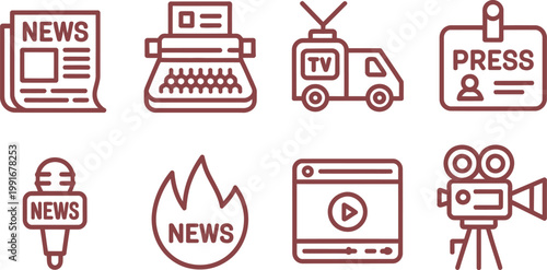 Journalism and Media Line Icons Set   News, Press, and Broadcasting Symbols