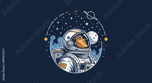 Astronaut gazes at moon and stars within a cosmic circle