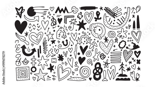Title chaotic doodle art a black and white collection of hand drawn shapes and symbols description this image features a dense chaotic arrangement
