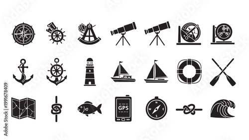 Nautical navigation icons set, black marine symbols and sea travel elements, 21 vector illustrations for maritime design and sailing graphics