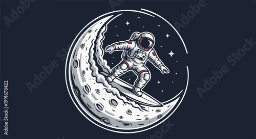 Astronaut surfing on a crescent moon with stars in the background