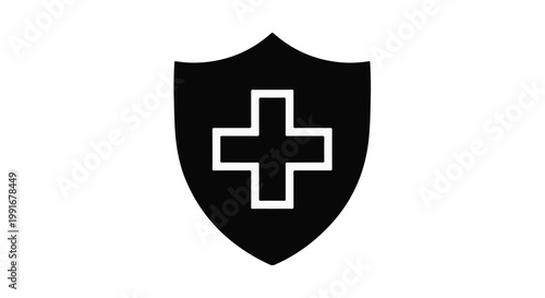 Medical protection shield icon with white cross on black background, symbolizing healthcare safety and security