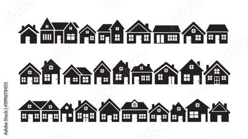 Title stylized black silhouette of a townscape with rows of houses description a minimalist black silhouette depicts a town with multiple houses