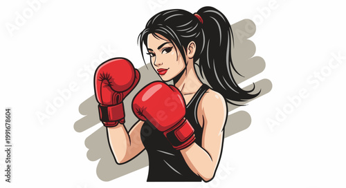 Athletic woman with black hair and red boxing gloves poses
