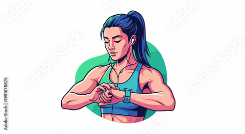 Athletic woman with blue hair, wearing earbuds and checking smartwatch