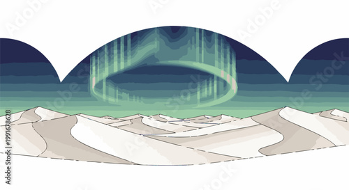 Aurora borealis over undulating desert dunes under a dark, starry night sky