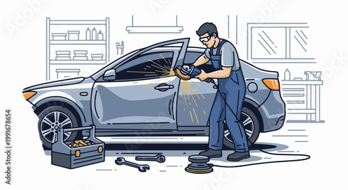 Auto mechanic grinding car body in workshop