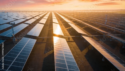 Aerial View of Solar Farm with Drone at Sunrise Over Fields