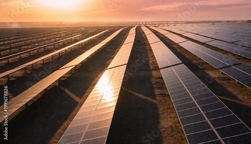 Aerial View of Solar Panels at Sunset on Agricultural Land