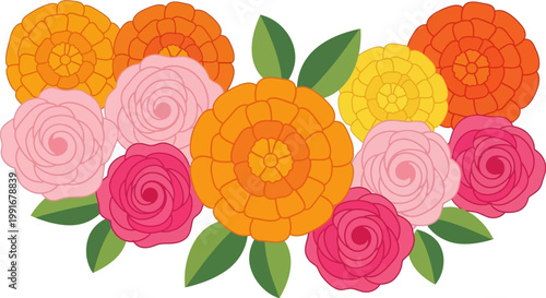 Vibrant Colorful Marigold and Rose Flower Bouquet Illustration.