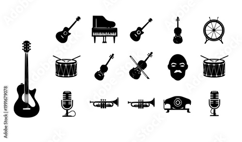Musical instrument icon set guitar piano drum violin vector logo isolated on white background