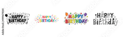 Colorful happy birthday text designs with balloons and stars
