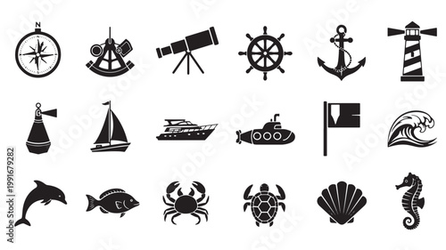 Nautical icons set with 18 black marine symbols, ocean life and maritime navigation vector elements, sea creature and sailing ship silhouettes