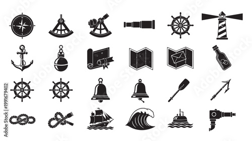 Nautical vintage icons set, 24 black maritime vector symbols, marine navigation and sailing equipment collection, sea travel and ocean exploration elements