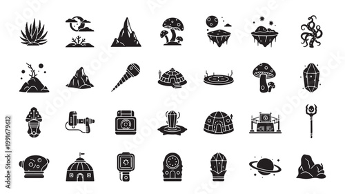 Sci-fi fantasy world icons, 28 black silhouette vector elements, alien planet landscape and futuristic technology symbols for game UI design