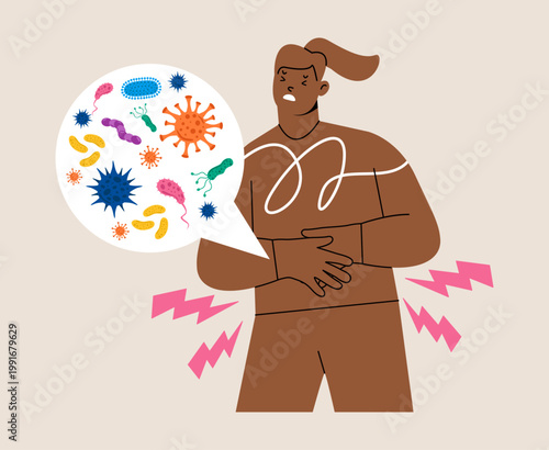 Sick woman having stomach ache. Bacteria,germs,microorganism,viruses concept. Colorful vector illustration